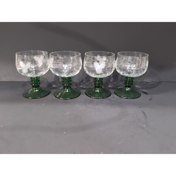 Roemer Etched Grape Glasses, Cordial Wine Set of 4, Green Ribbed Stem, Drinkware - Picture 1 of 9